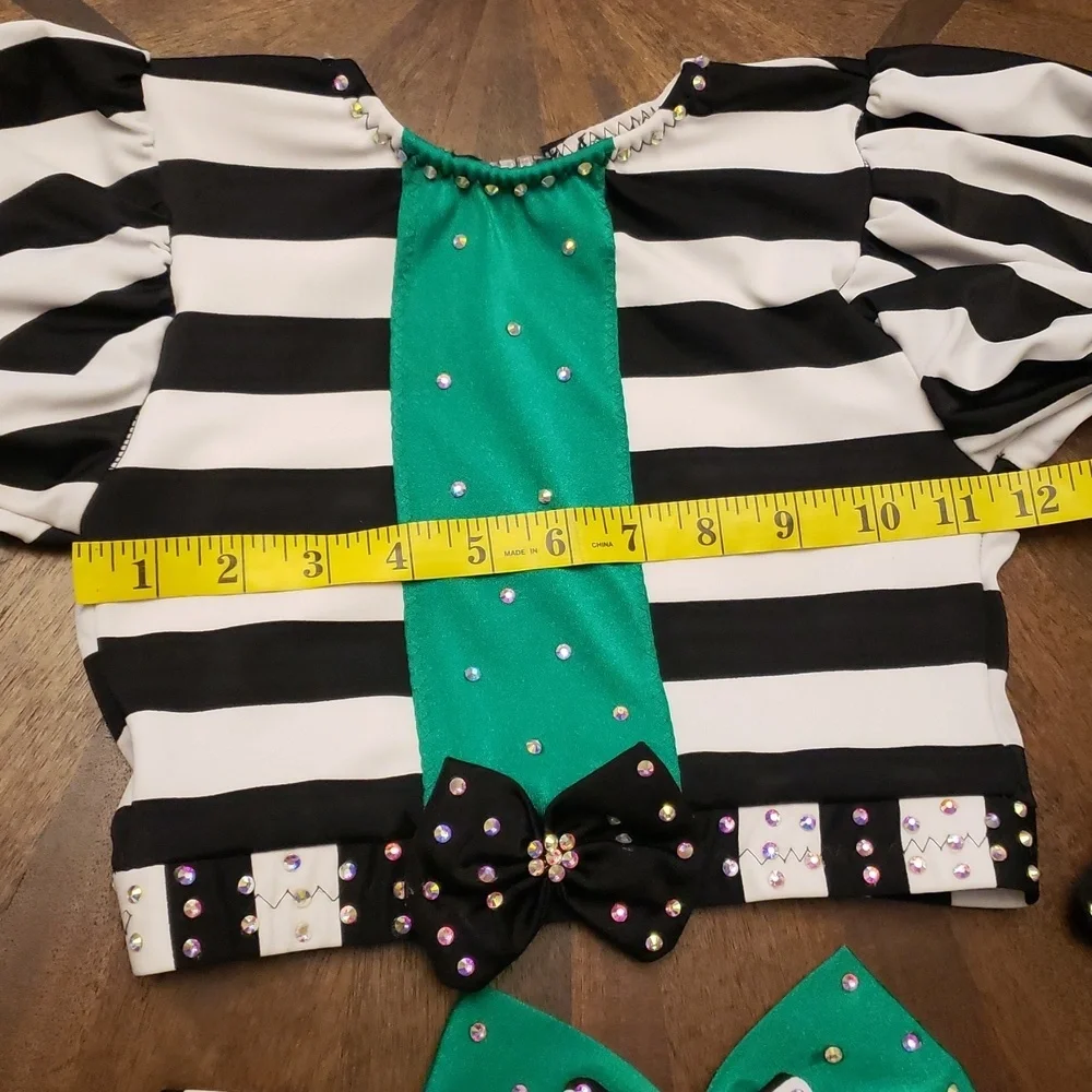 Striped Black and White Kids Dance  Costume Rhinestones Beetlejuice Waistress